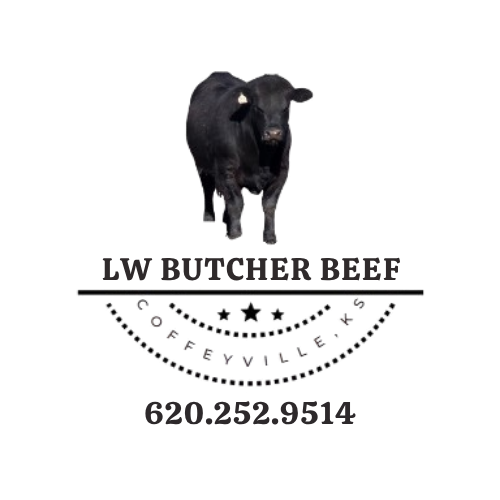 A logo for lw butcher beef in coffeyville ks