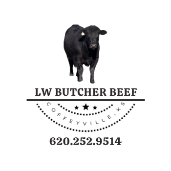 A logo for lw butcher beef in coffeyville ks