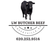 A logo for lw butcher beef in coffeyville ks