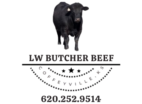 A logo for lw butcher beef in coffeyville ks