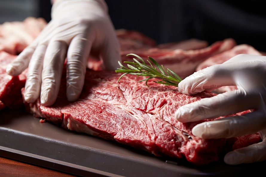 A person wearing gloves is holding a piece of raw meat.