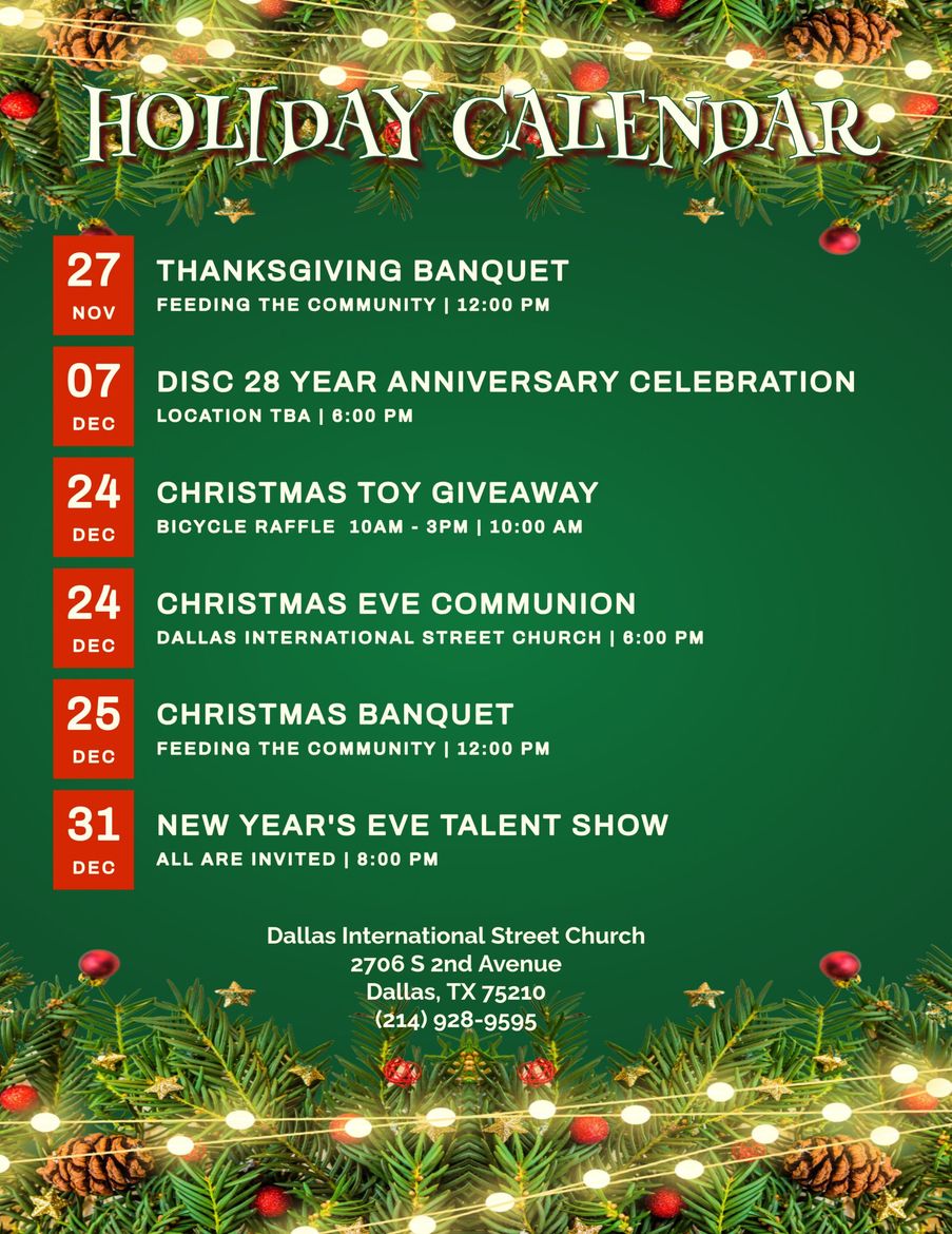 Christmas party flyer: Dallas Street Church.  Red, gold, festive.  Features Santa, sleigh, and text 