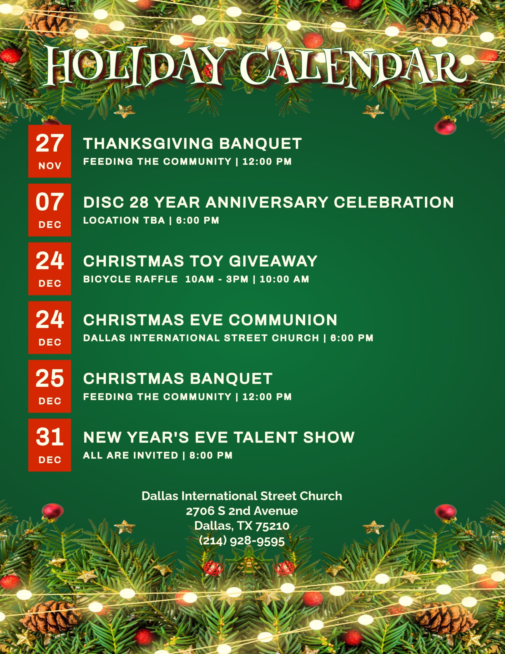 Christmas party flyer: Dallas Street Church. Red, gold, festive. Features Santa, sleigh, and text