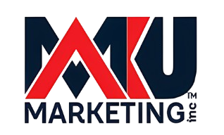 Logo for MKU Marketing Inc., featuring stylized red and blue letters with a mountain-like design in the 