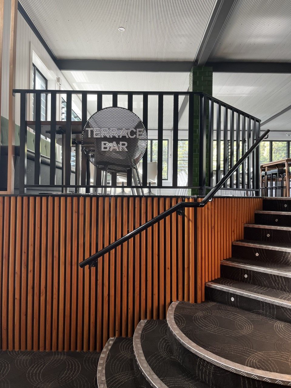 Stairs leading up to the terrace bar in a restaurant — Fabricator In Coffs Harbour, NSW
