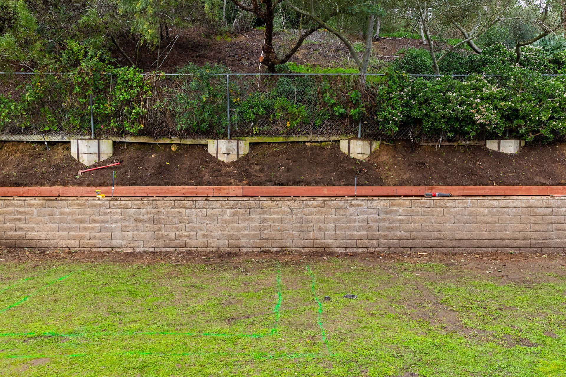 Retaining wall with greenery above, brick facing, and grass in foreground.