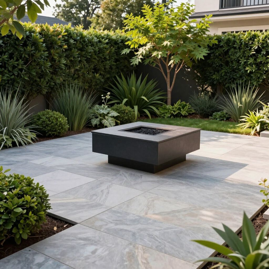 A modern square fire pit sits on a gray stone patio in a lush, landscaped backyard garden surrounded by green hedges.