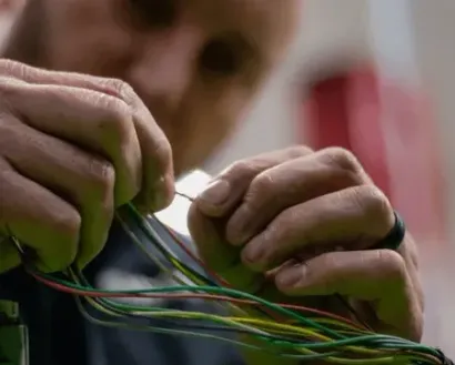 Zima mechanic carefully connecting colorful wires with a small tool.