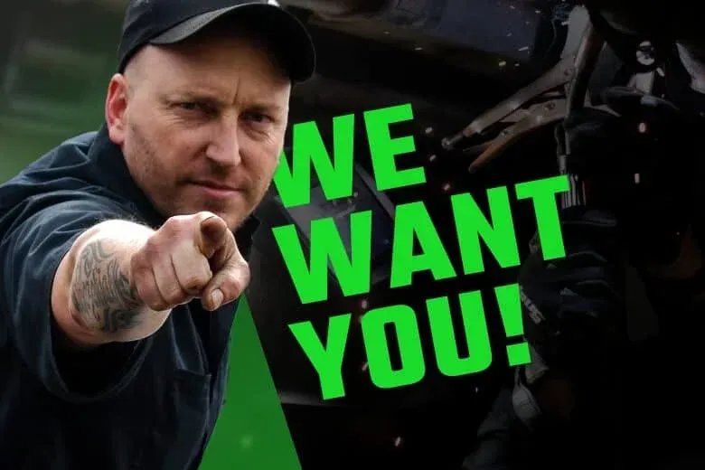 Max Zima in black cap points at viewer beside bright green text reading “WE WANT YOU!”