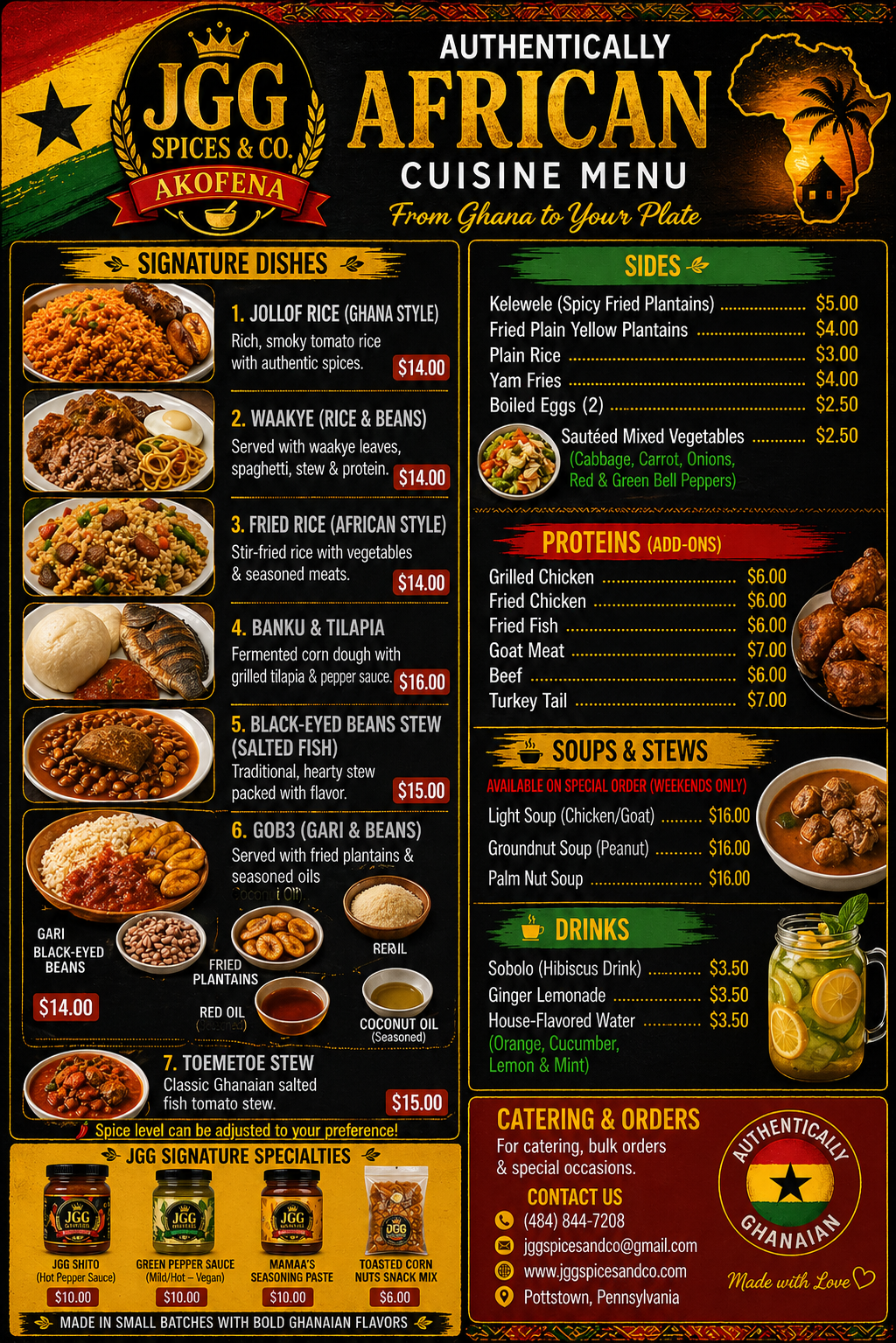 African cuisine menu poster with food photos, gold text on black and red background.