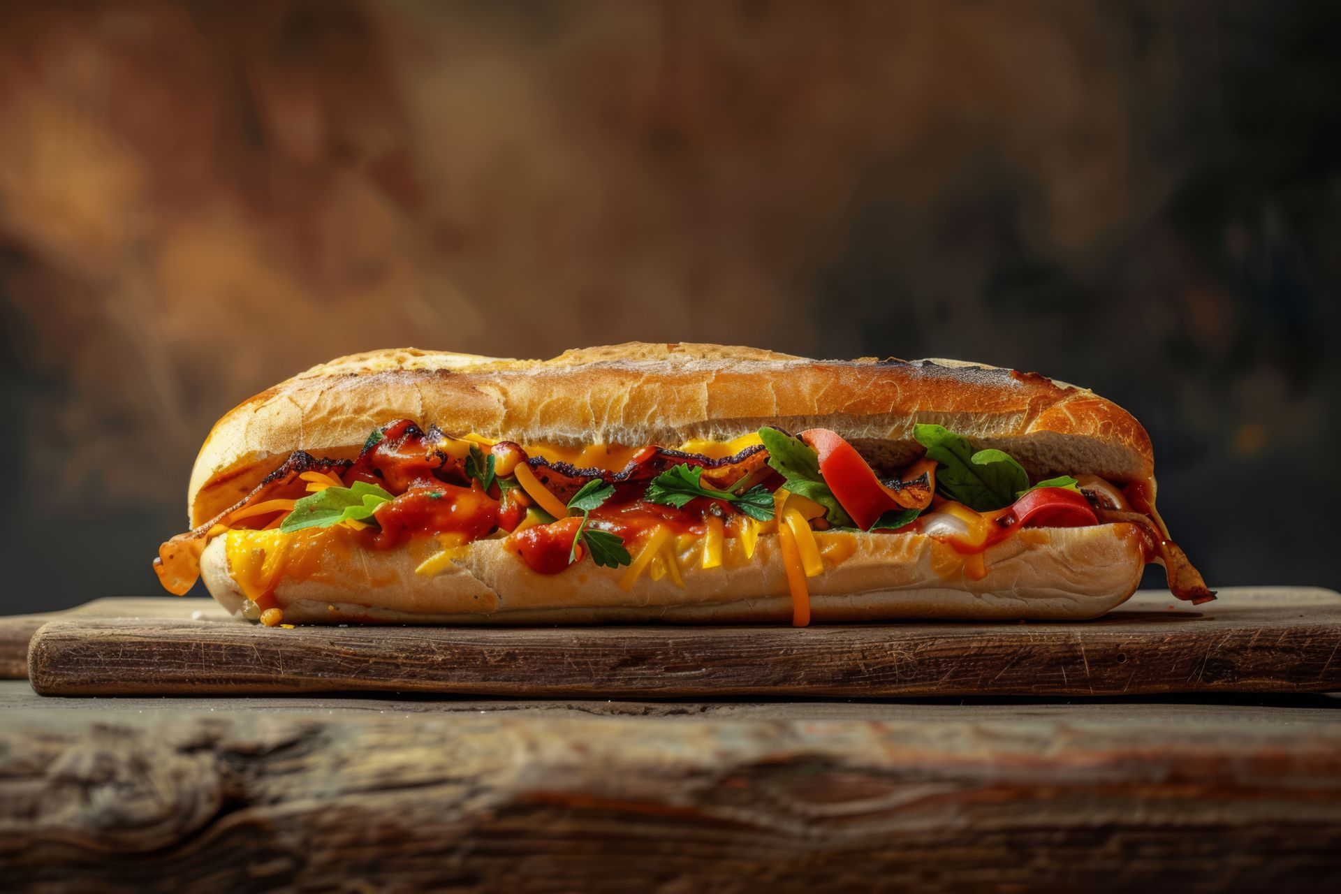 A hot dog is sitting on a wooden cutting board.