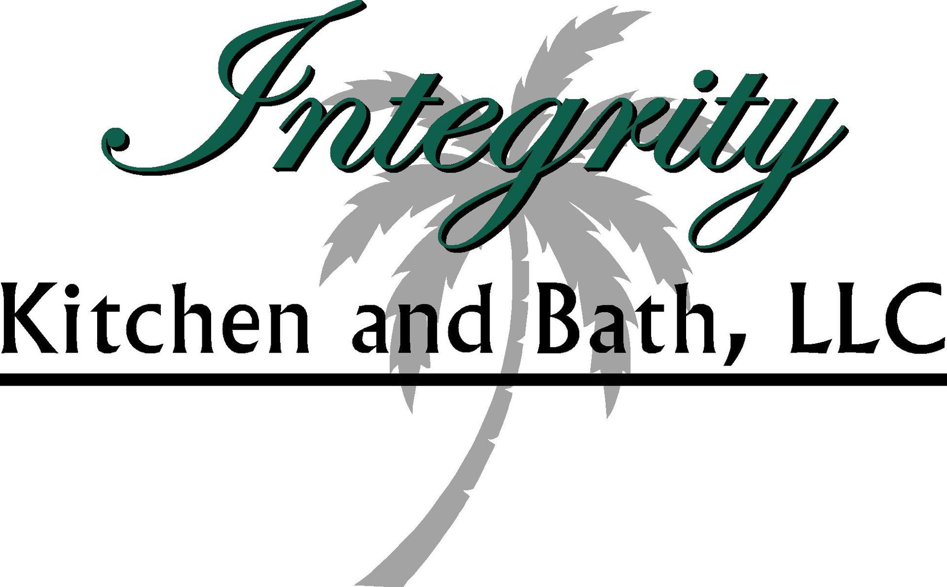 Integrity Kitchen and Bath, LLC logo with green script text, a palm tree, and a black underline.