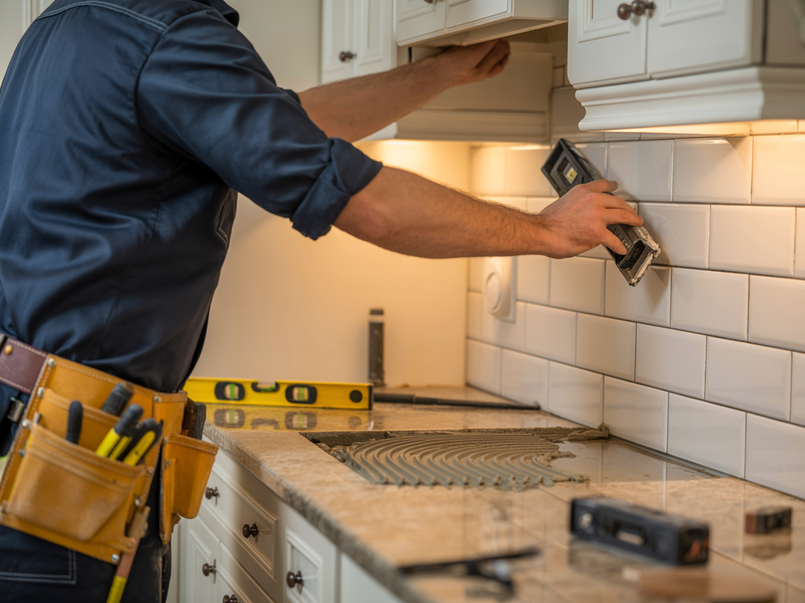 A worker installing white subway tiles in a kitchen, using a level.
