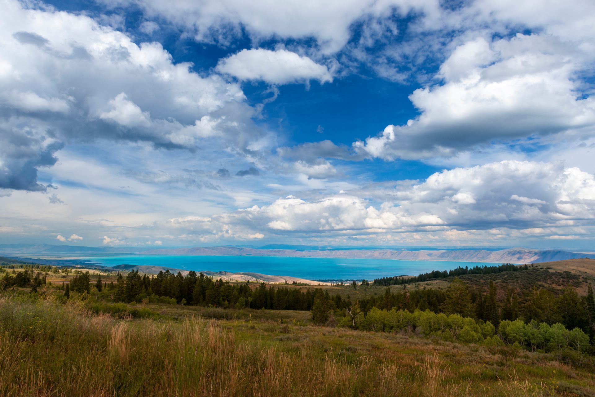 A view of a lake from a hill with clouds in the sky.