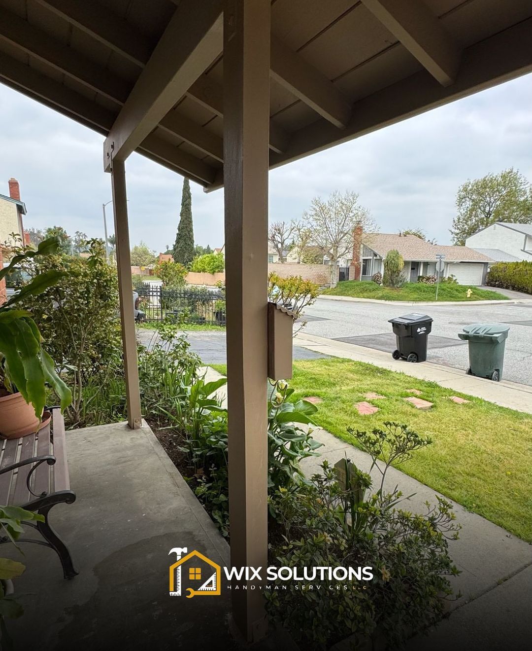 A porch with a wix solutions logo on it