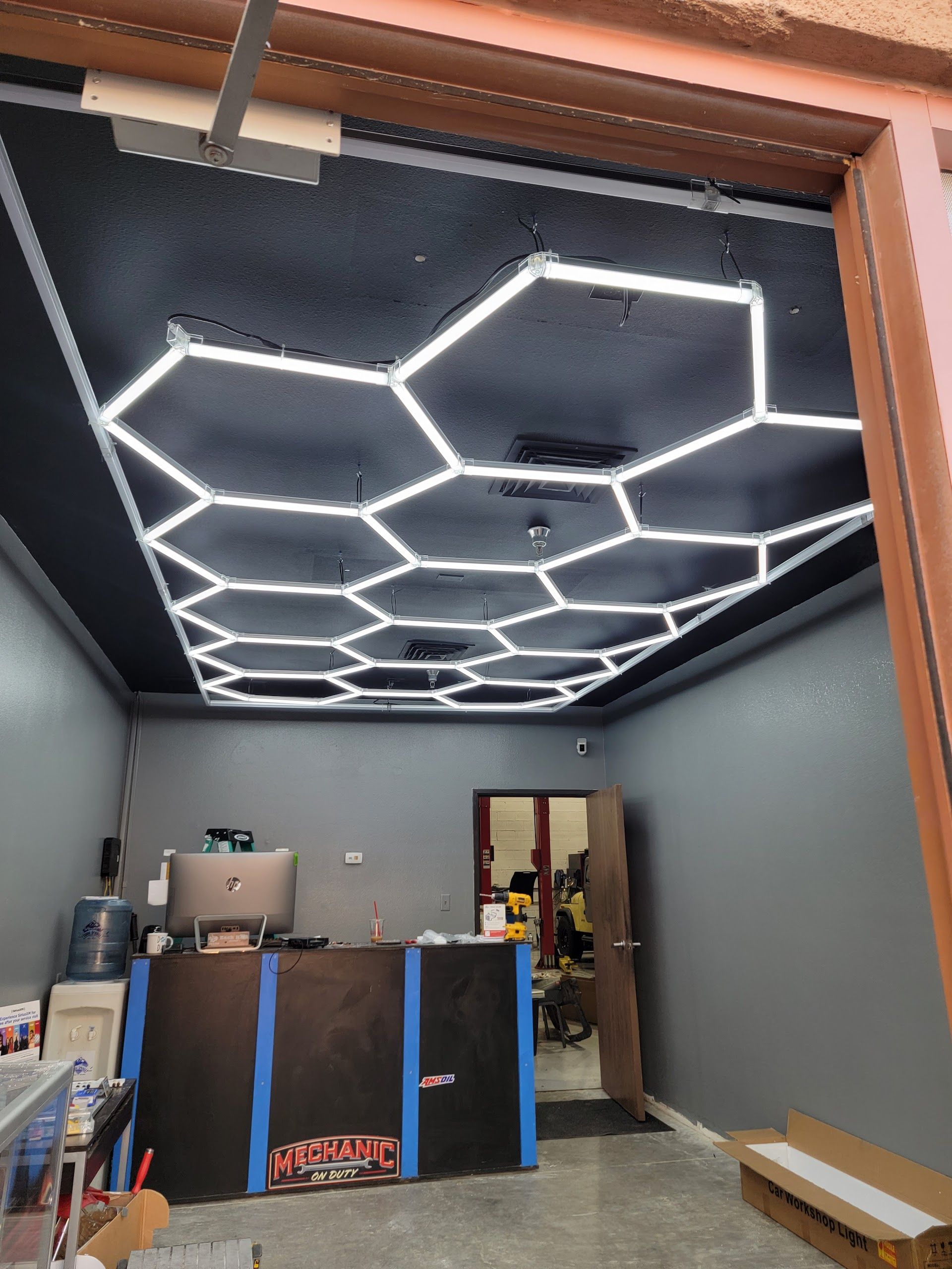 Modern Auto Shop Office With LED Ceiling Lights | Urban Auto Workz