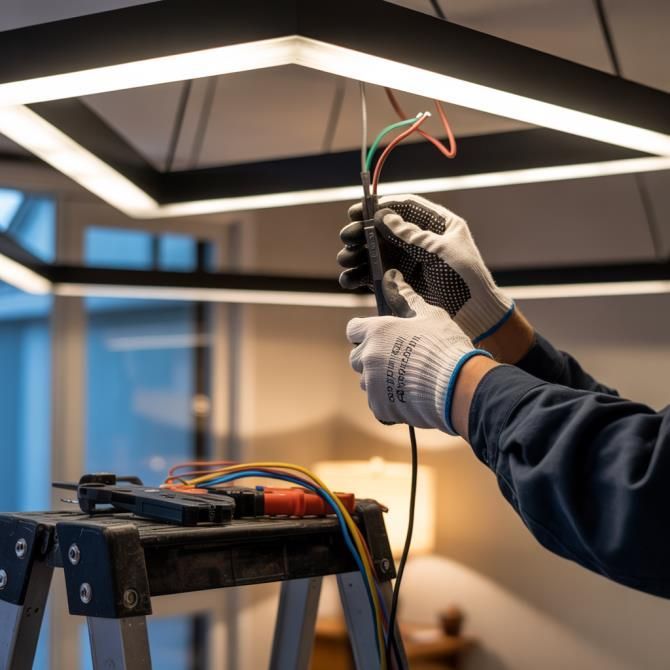 Person wiring an electrical outlet into a blue box in a wall during construction.