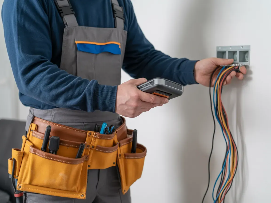 Electrician using a multimeter on wires by a wall outlet, wearing a tool belt.