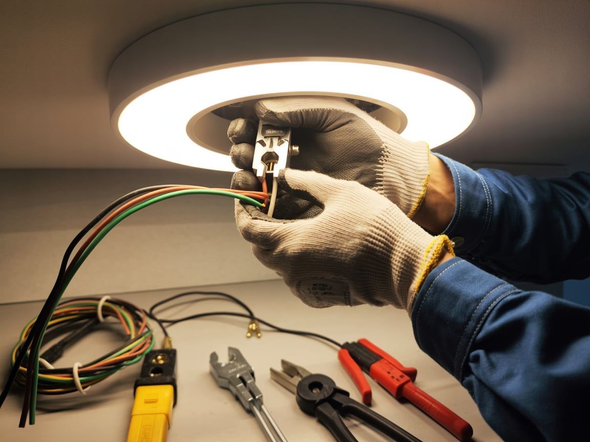 Electrician using a multimeter on an electrical panel.
