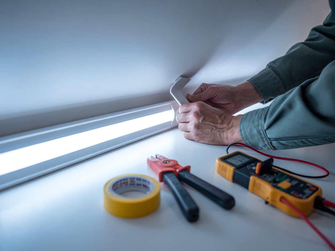 Person installing a light fixture, with tools on a white surface.
