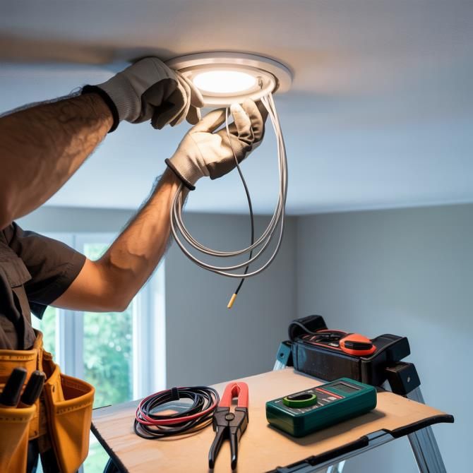 Electrician working on a wall outlet, wearing red gloves and a tool belt. A multimeter and safety helmet are nearby.