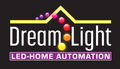 Dream Light logo: Yellow house shape above a string of colored lights, white text on black background, "LED-HOME AUTOMATION."
