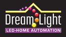 Dream Light logo: Yellow house shape above a string of colored lights, white text on black background, "LED-HOME AUTOMATION."