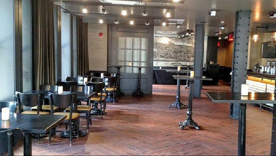 A restaurant with tables and chairs and a bar