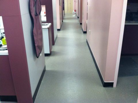A long hallway in a dental office with pink walls
