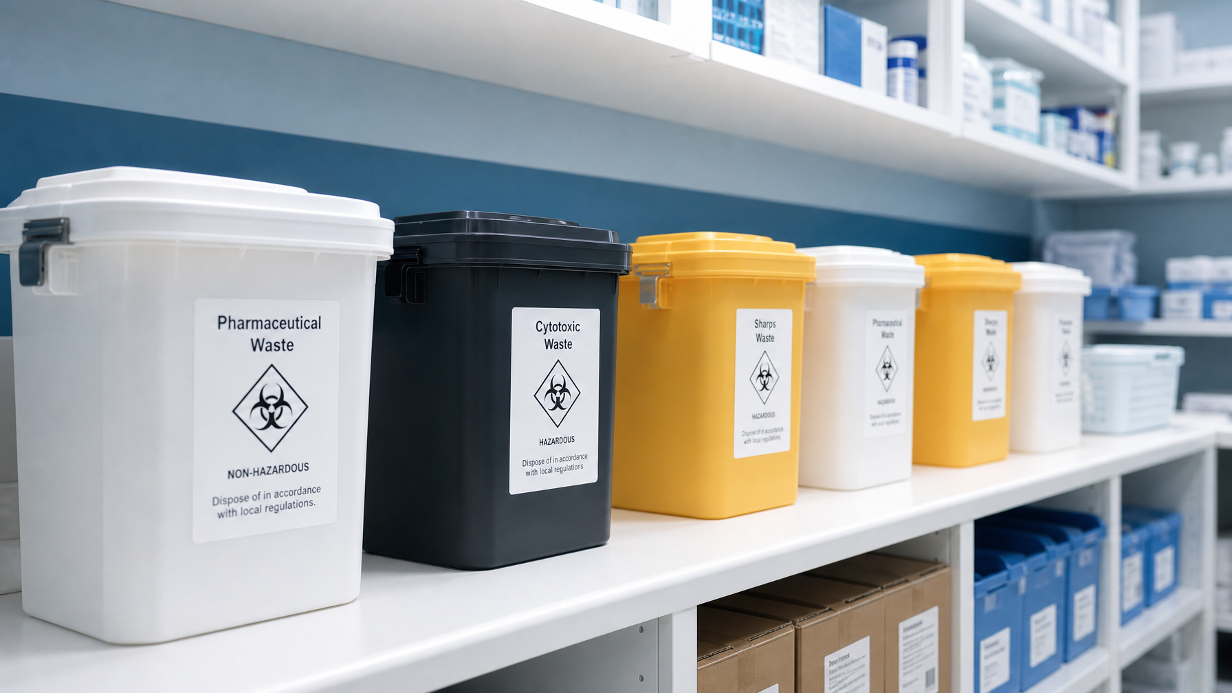 Sealed pharmaceutical waste containers on a clinical shelf, representing proper medication disposal