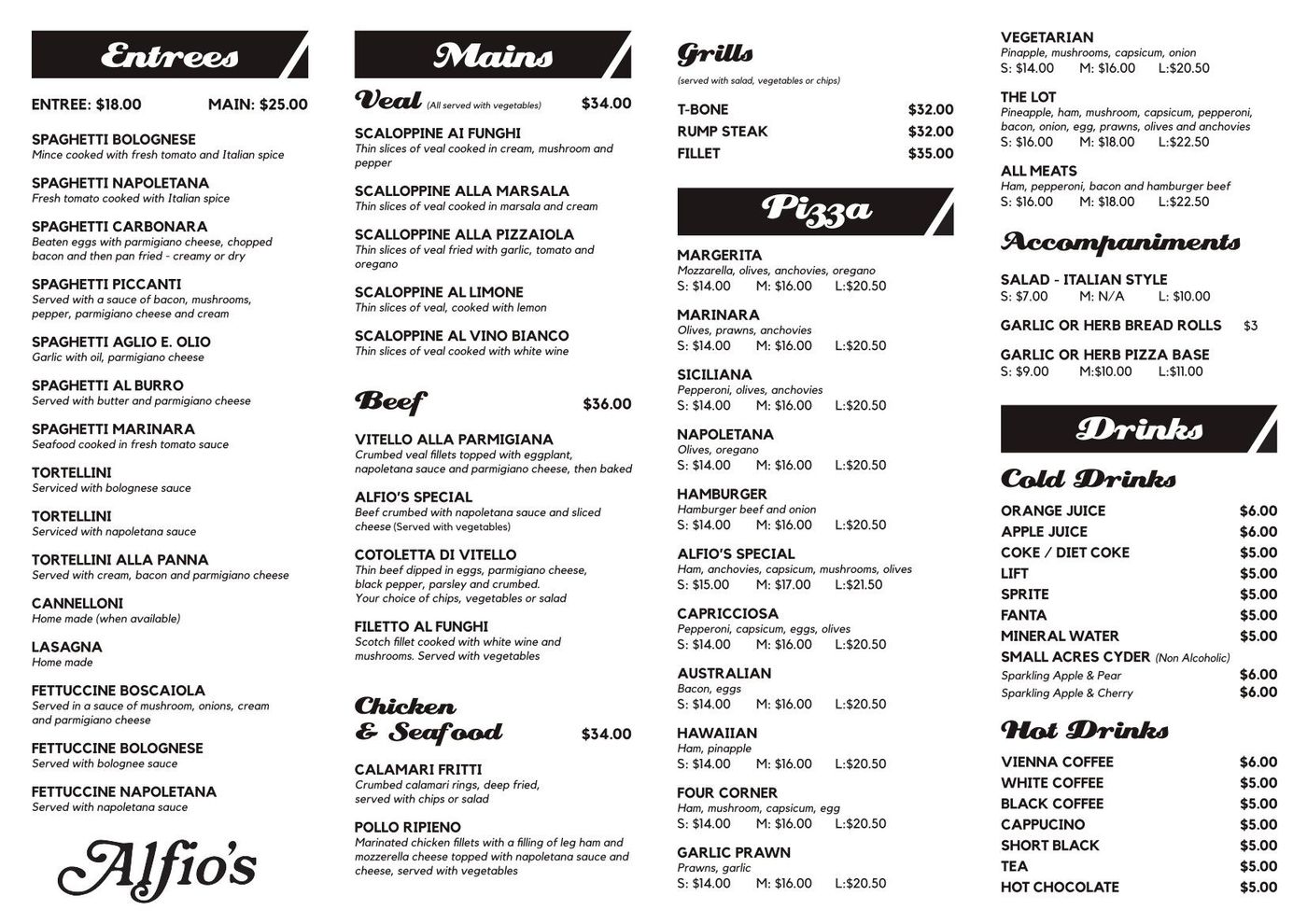 Alfio's Pizzeria menu