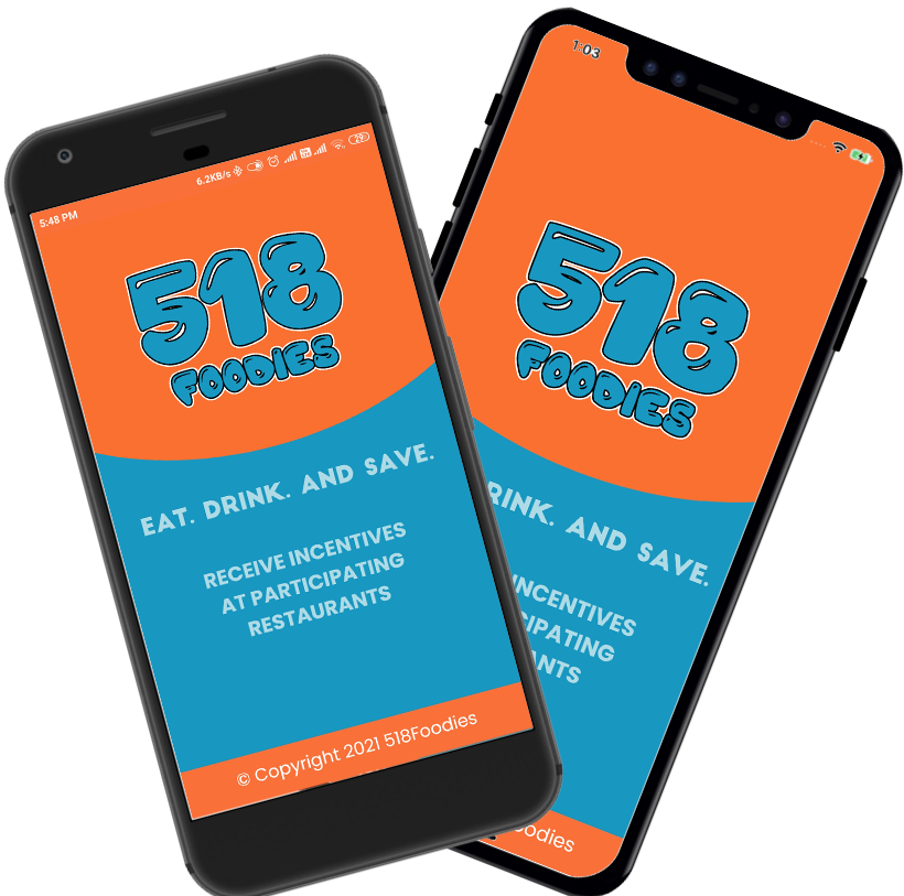 Two phones are displaying a app called 518 foodies.