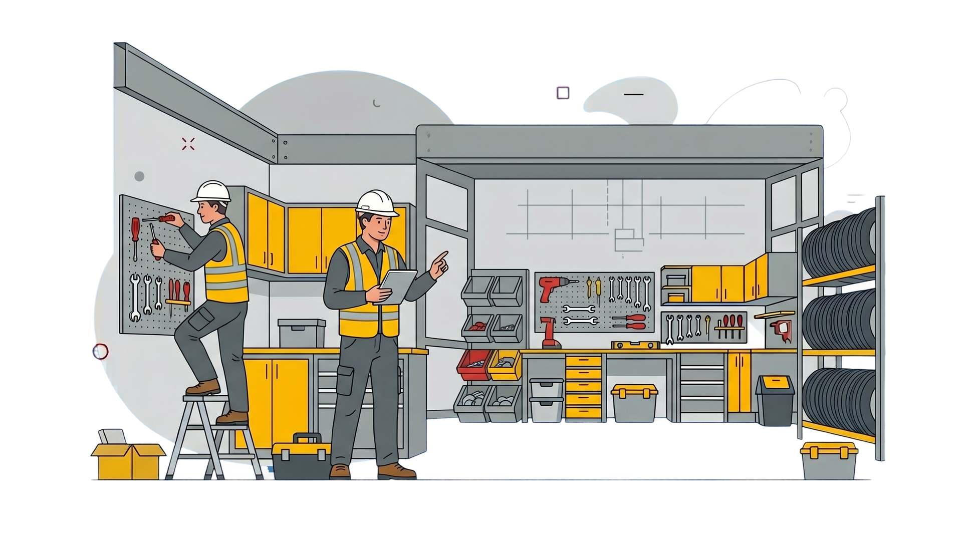 Technicians in a workshop near tools, shelves, and equipment, with one holding a tablet and another using a wrench