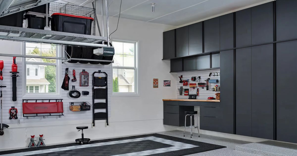 Spacious garage with brown storage cabinets, light-colored walls, and glossy floor.