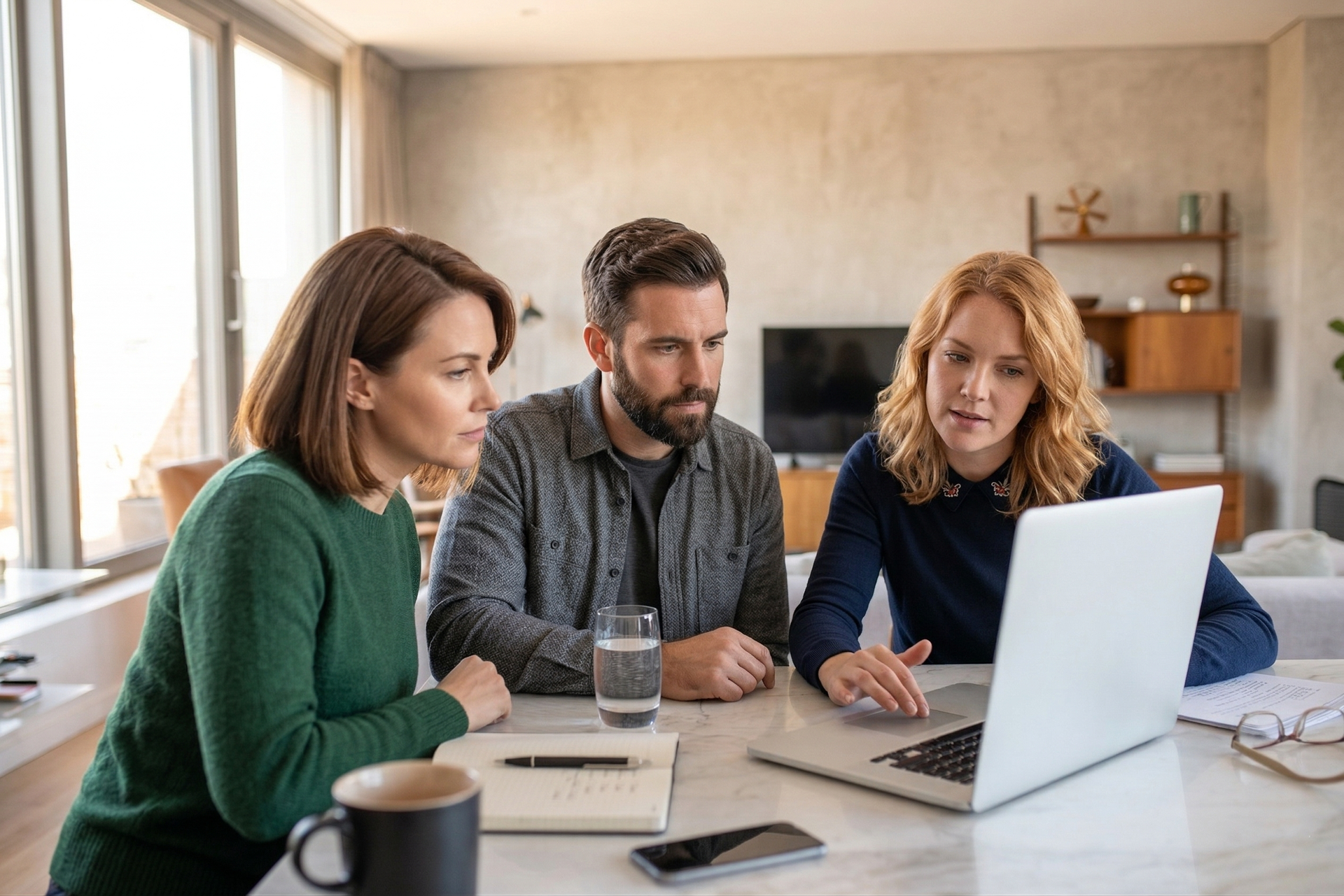 Three people collaborating at a table, looking at a laptop in a bright office.