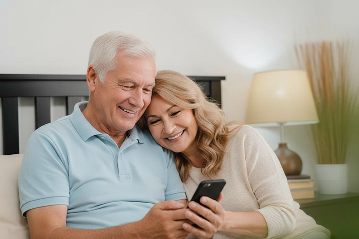 Smiling couple on a couch looking at a smartphone, with a lamp and plant in the background.