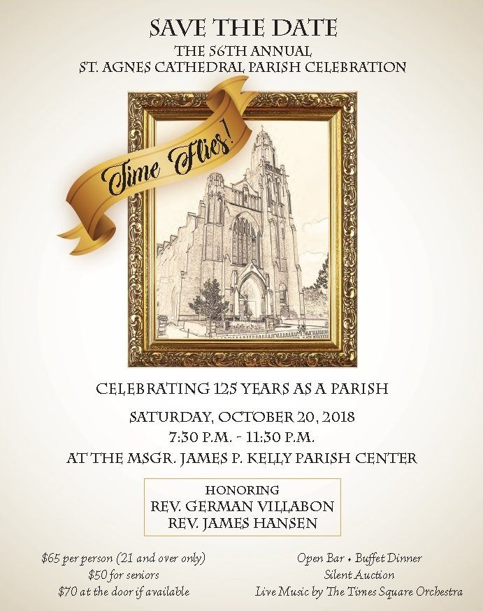 Save the Date church anniversary flyer with gold ribbon and cathedral illustration on cream background