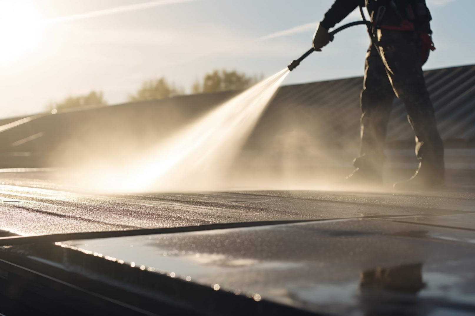 Person pressure-washing a sunlit rooftop, spraying water across the surface