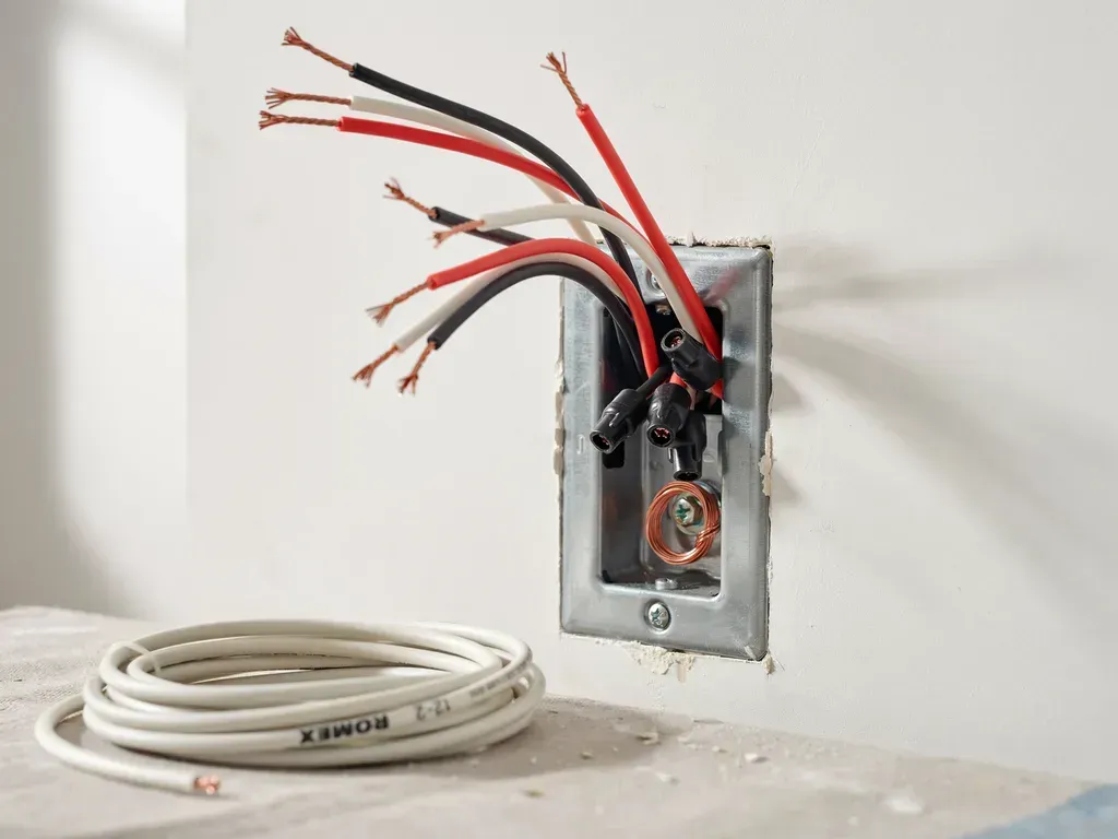 Exposed electrical wires in a wall outlet box beside a coiled white cable on a floor.