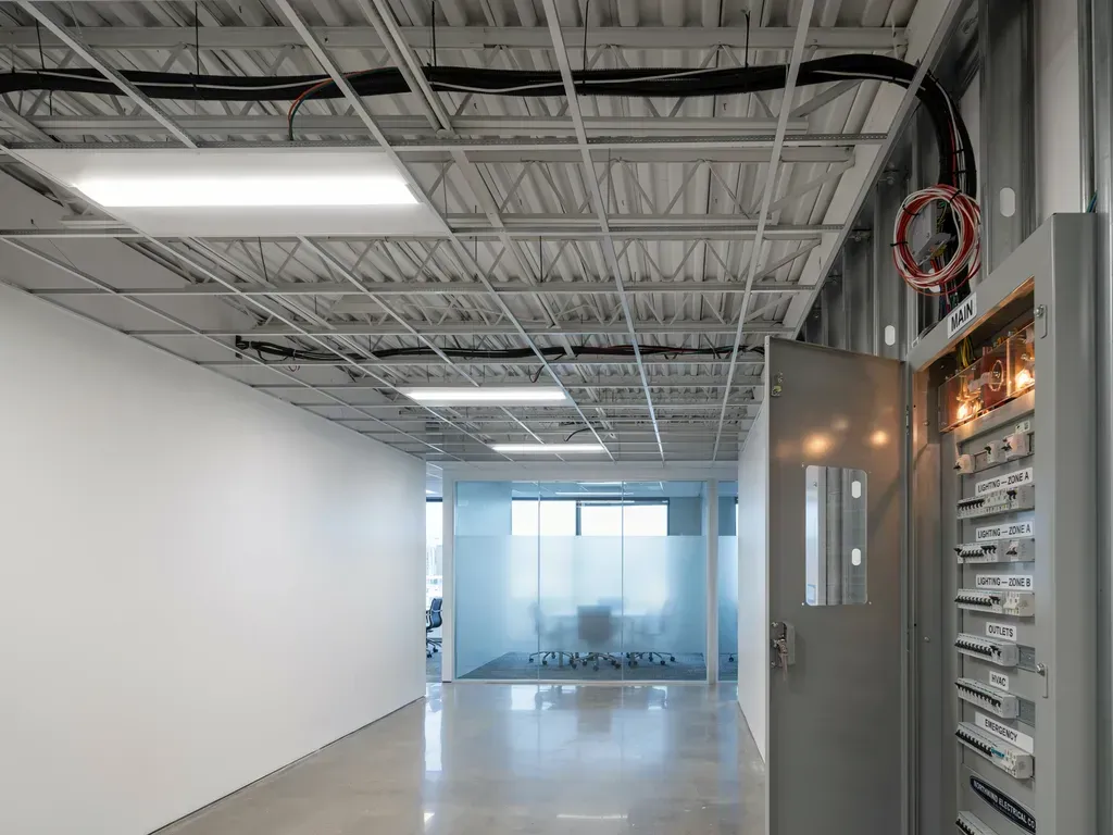 Empty industrial hallway with exposed ceiling, gray walls, and bright windows at the far end