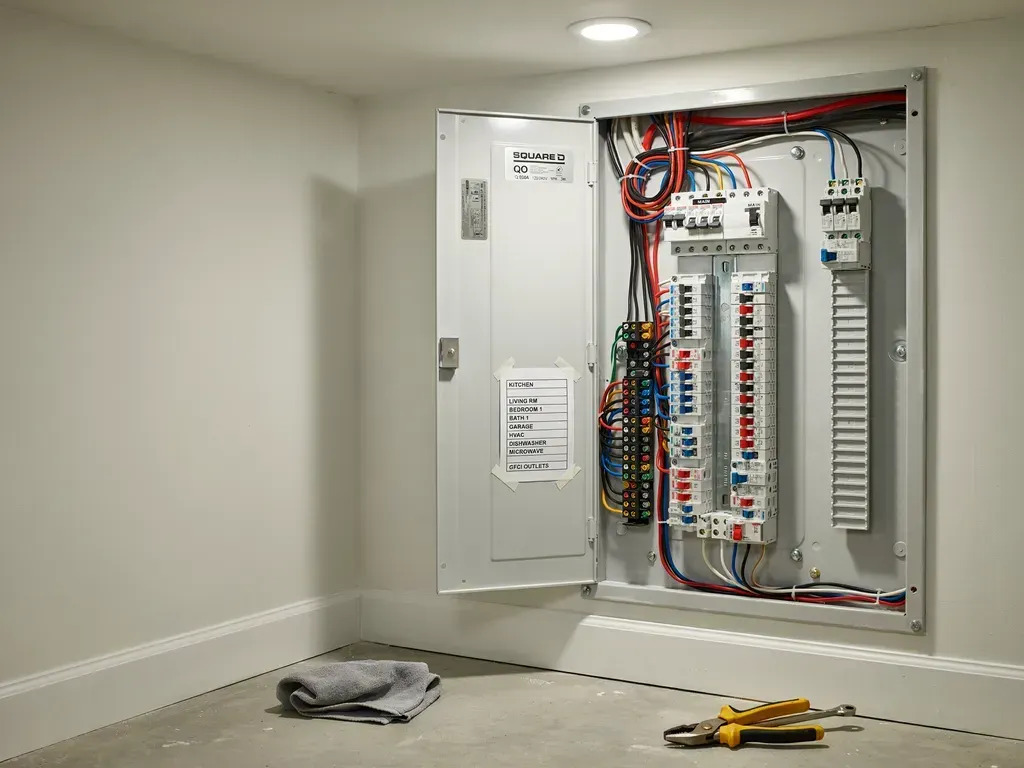 Open electrical breaker panel in a room, with tools on the floor nearby.