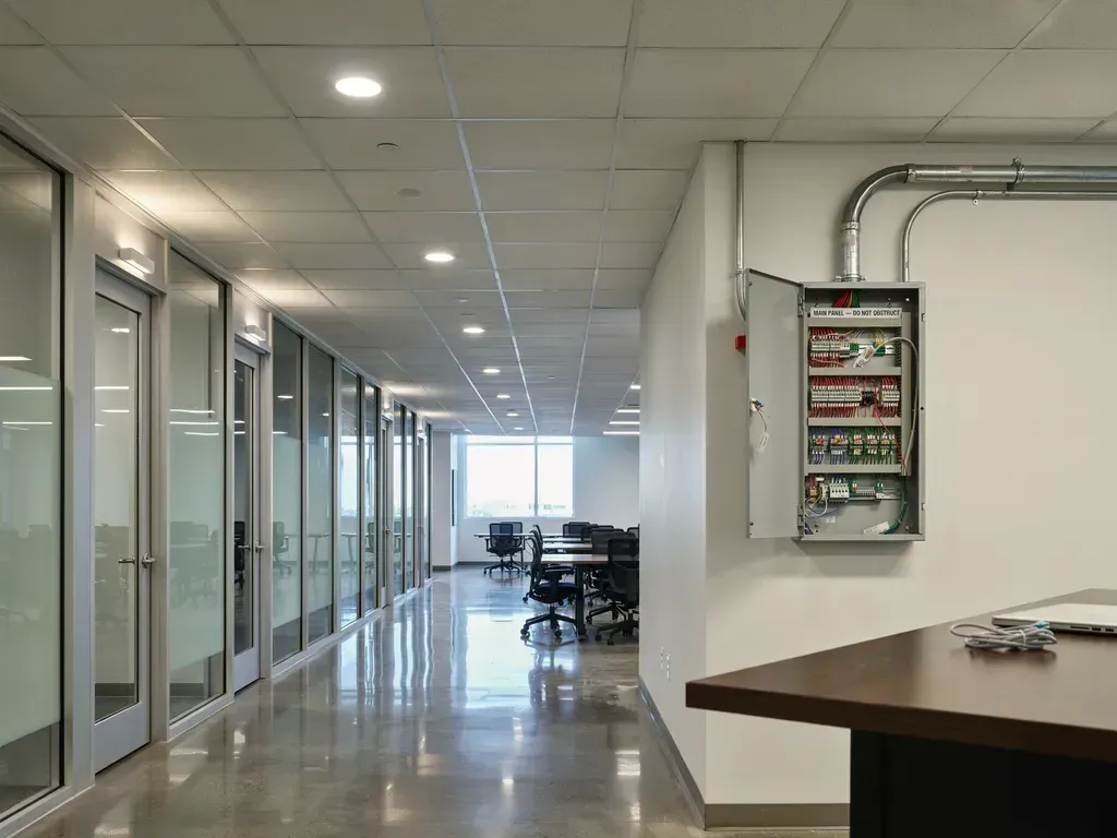 Modern office hallway with glass-walled rooms, recessed lights, and a meeting table in the foreground