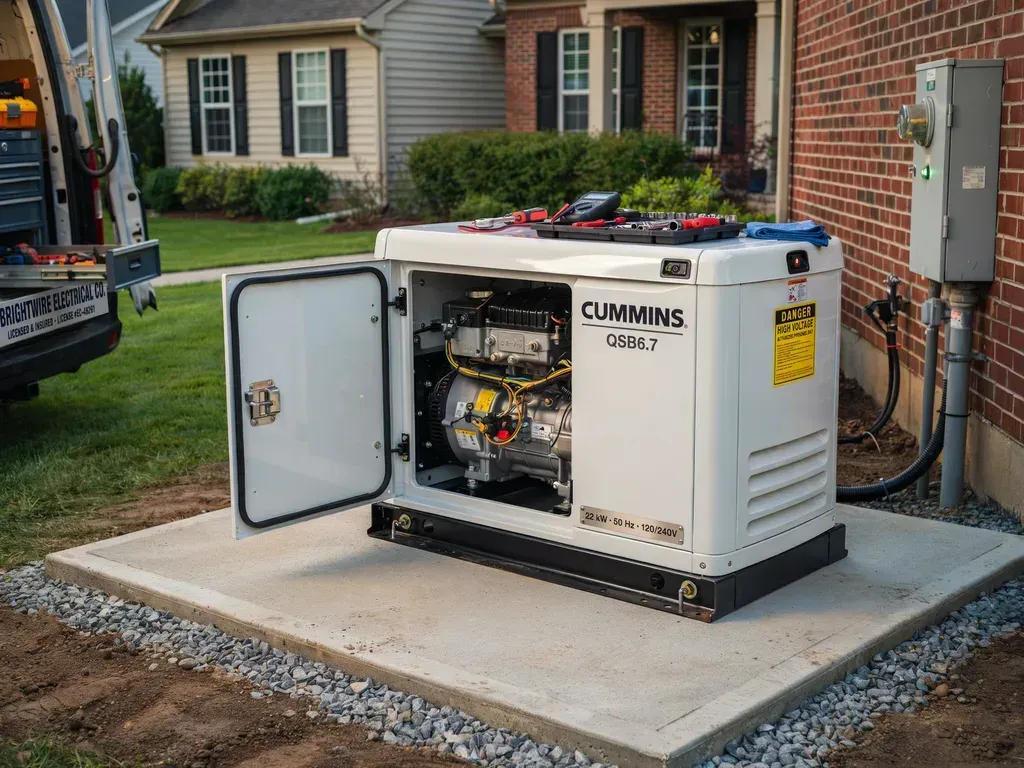 Open Cummins home generator on a concrete pad beside a brick house