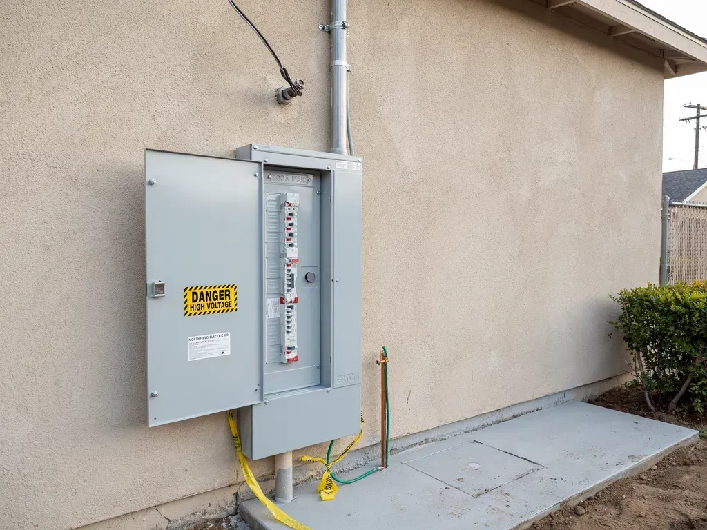 Gray electrical service panel on exterior stucco wall with exposed yellow conduit and sidewalk below