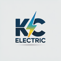 KC Electric logo with dark blue letters and a yellow lightning bolt on a light background