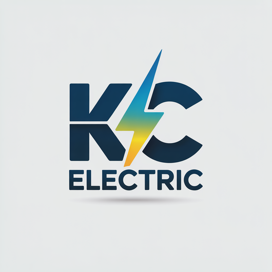 KC Electric logo with dark blue letters and a yellow lightning bolt on a light background