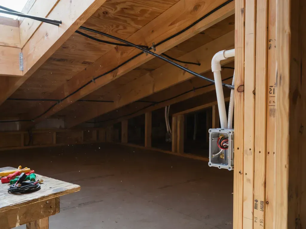 Attic crawl space with exposed wooden rafters, insulation, and a white pipe near an electrical box.