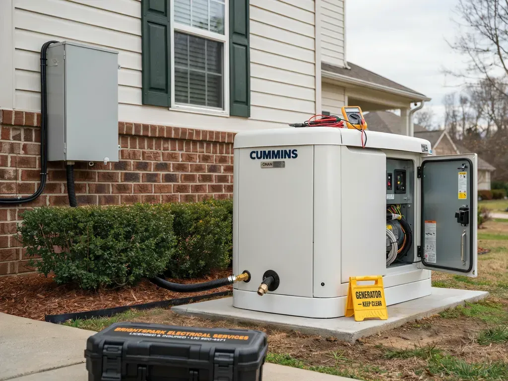 Outdoor Cummins generator beside a house, with open access panel and yellow caution sign