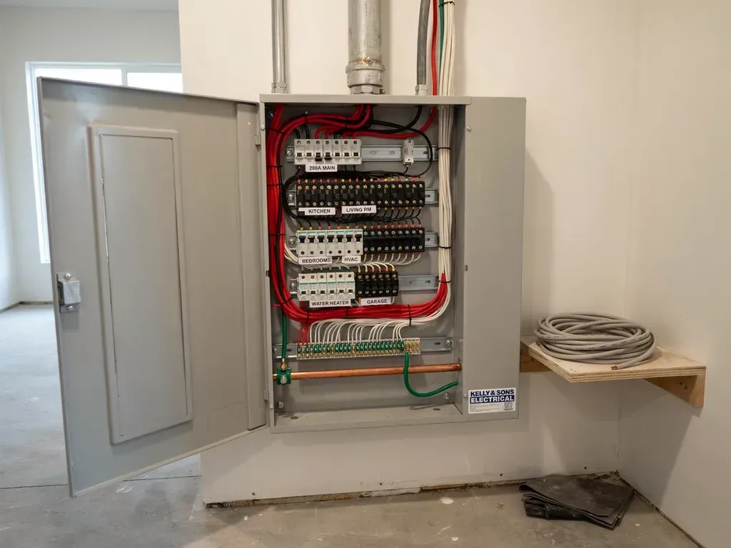 Open electrical breaker panel with exposed wiring in a utility room