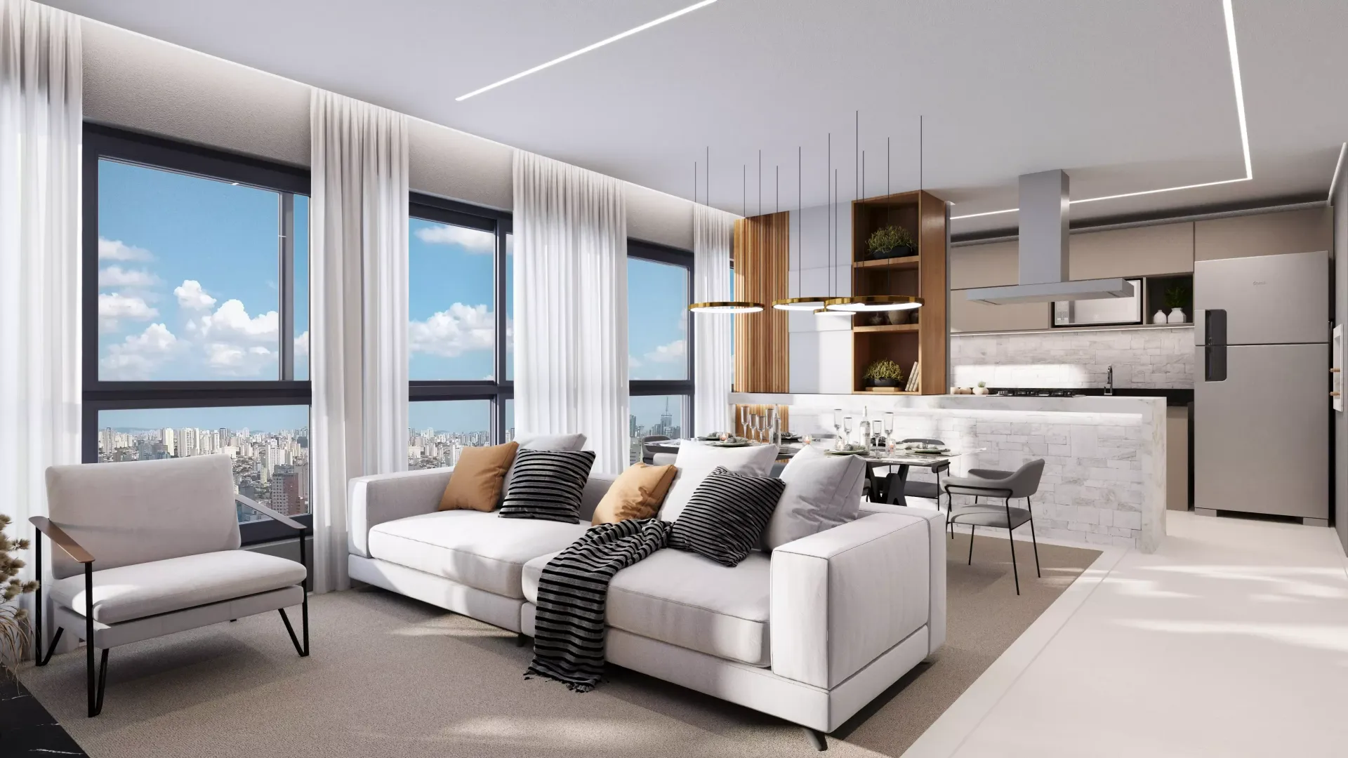 Sala de estar moderna com sofá branco, cozinha americana e vista para a cidade através de grandes janelas.